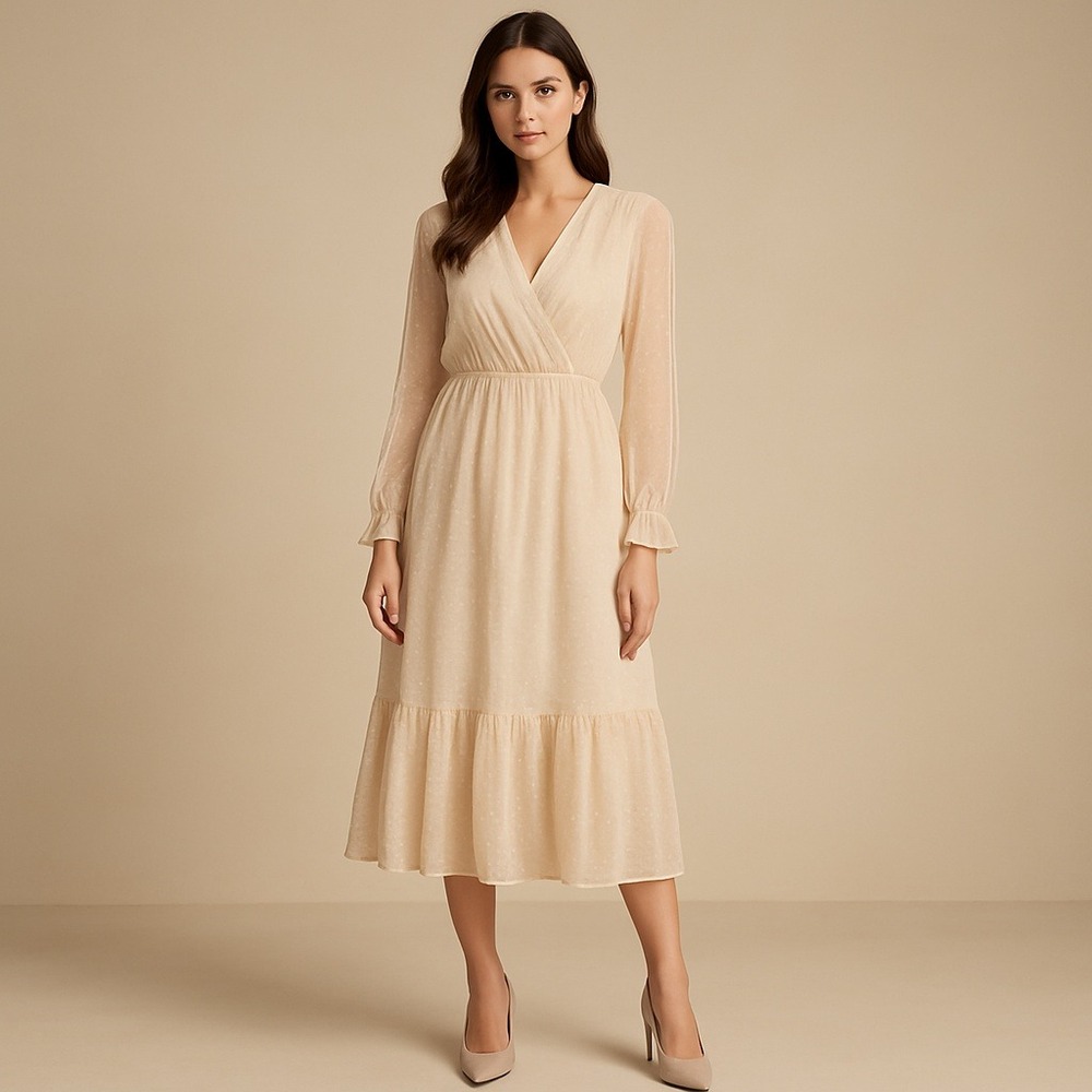 BTFIM Swiss Dot Dress Long Sleeve‎ Ruffle Hem Midi Dress Beige Size Small Boho